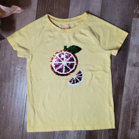 Cat & Jack Yellow Girls Size Small 6/6X Orange Flip Sequin Short Sleeve Top NWOT - Picture 1 of 13
